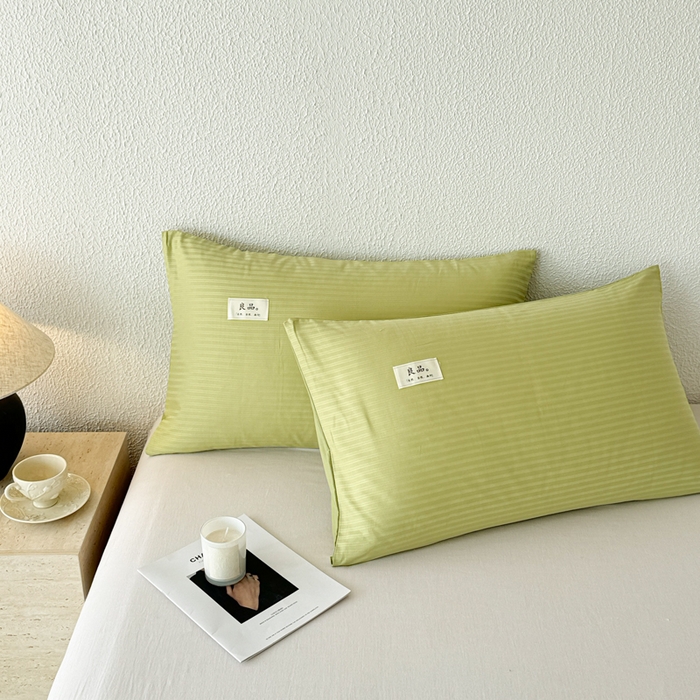 91家纺网 家纺一手货源 找家纺 眠博士 2025新款高支高密60支全棉条纹提花单枕套 枕套-提花豆绿