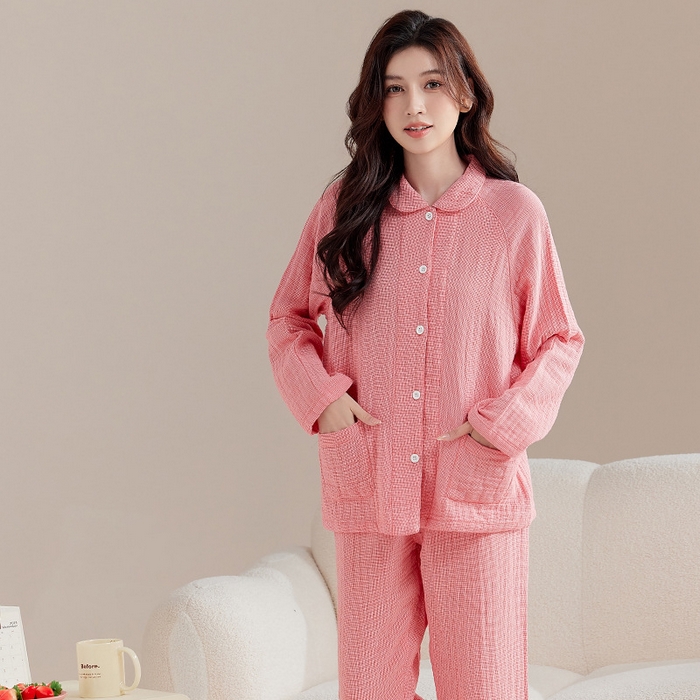 91家纺网 家纺一手货源 找家纺 2025【纯棉细格四层纱睡衣】日式无印全棉四层纱家居服良品纯色多层纱睡衣男女情侣居家服套装