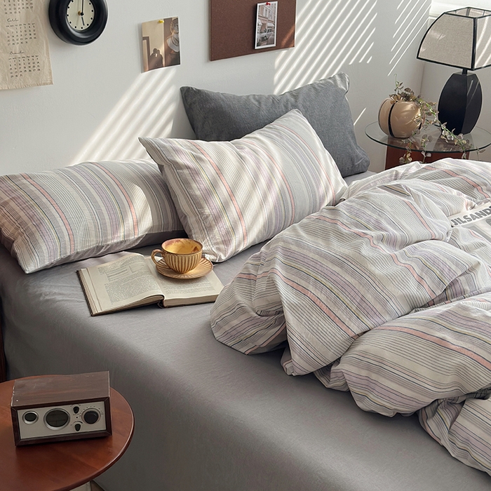 91家纺网 家纺一手货源 找家纺 水洗的故事2025新款A类AB版全棉色织水洗棉四件套 参青-灰