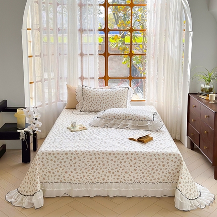 91家纺网 家纺一手货源 找家纺 （总）金喜 2025新款韩版木棉印花小清新床盖双层蕾丝边夹棉床盖-小清新系列