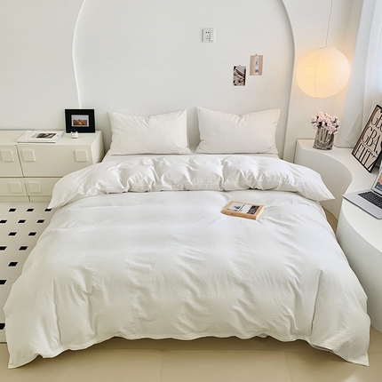 91家纺网 家纺一手货源 找家纺 水洗的故事 2025新款色织水洗棉多巴胺纯色款四件套 本白色