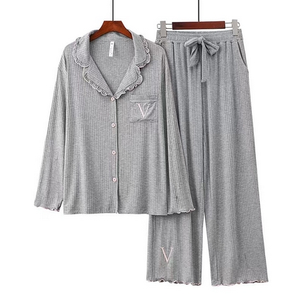 洛兰沙家居馆【只代发】【只代发】2025新款外贸欧美风8*5宽坑条莫代尔睡衣女春夏秋开衫翻领长袖长裤家居服 浅灰