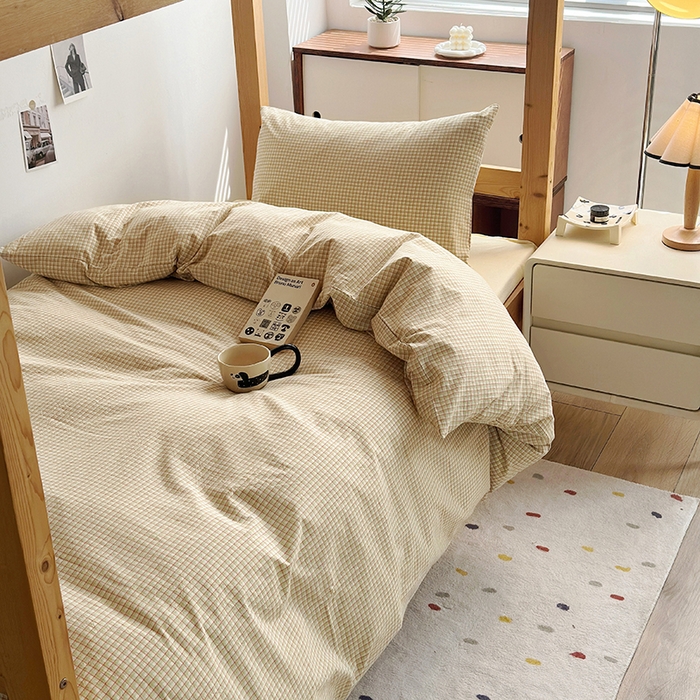 91家纺网 家纺一手货源 找家纺 水洗的故事 2025新款A类色织水洗棉学生三件套 西西里奶黄-