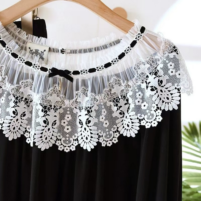 91家纺网 家纺一手货源 找家纺 （总）洛兰沙家居馆【只代发】【只代发】 2025新款外贸欧美风宽蕾丝边莫代尔睡衣女春夏秋套头翻领短袖长裤家居服莫代尔黑色