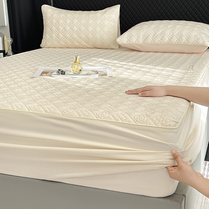 2025A类母婴级长绒棉夹棉床笠三件套纯棉全棉加厚席梦思床罩床套四季款保护罩 奶玉