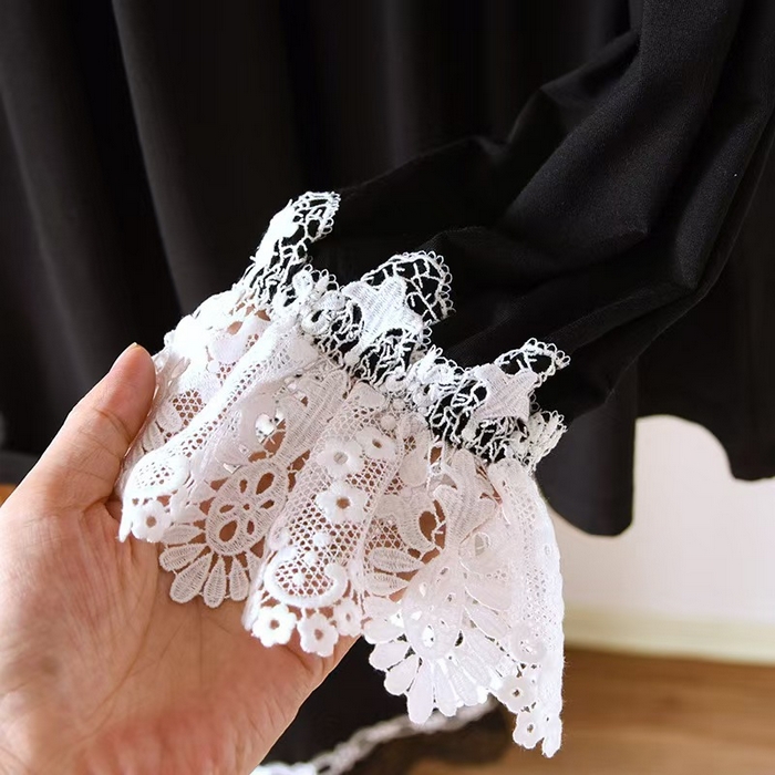 91家纺网 家纺一手货源 找家纺 （总）洛兰沙家居馆【只代发】【只代发】 2025新款外贸欧美风宽蕾丝边莫代尔睡衣女春夏秋套头翻领短袖长裤家居服莫代尔黑色