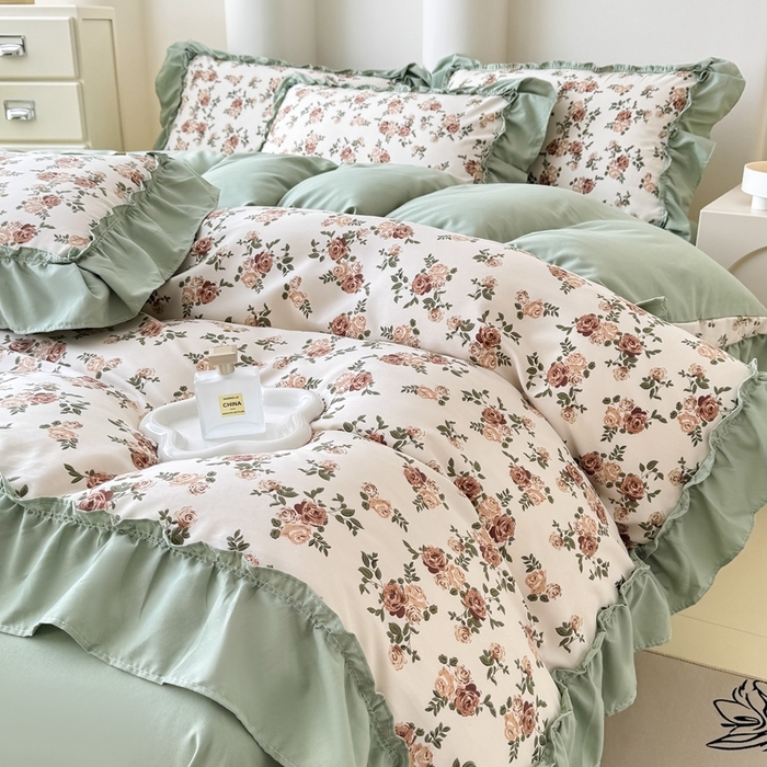 91家纺网 家纺一手货源 找家纺 金米诺 2025新款韩版有氧针织棉双层纱四件套 花田物语