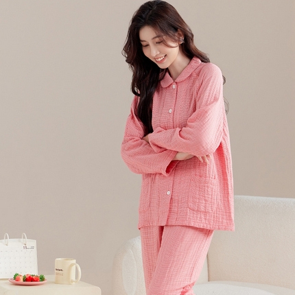 2025【纯棉细格四层纱睡衣】日式无印全棉四层纱家居服良品纯色多层纱睡衣男女情侣居家服套装