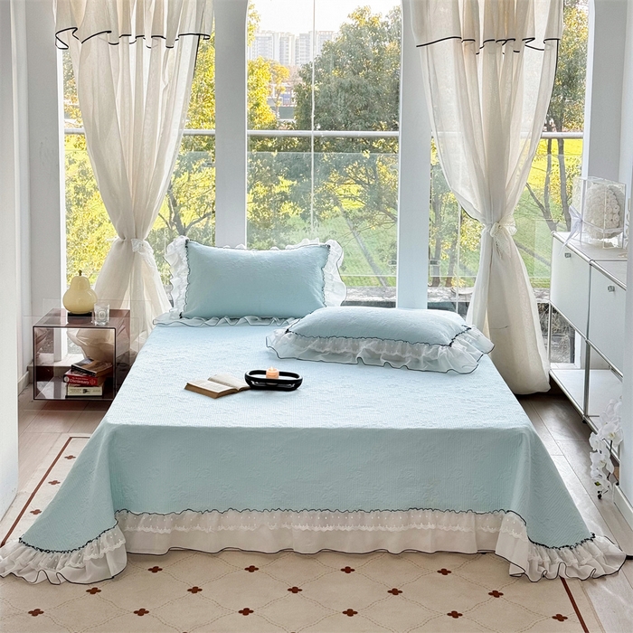 91家纺网 家纺一手货源 找家纺 金喜 2025新款韩版木棉纯色床盖双层蕾丝边夹棉床盖-星梦系列 星梦-蔚蓝