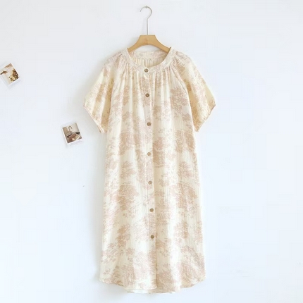 洛兰沙家居馆【只代发】【只代发】2025新款简约印花睡衣女春夏季宽松休闲家居服短袖睡裙女士棉纱两件套  LS301