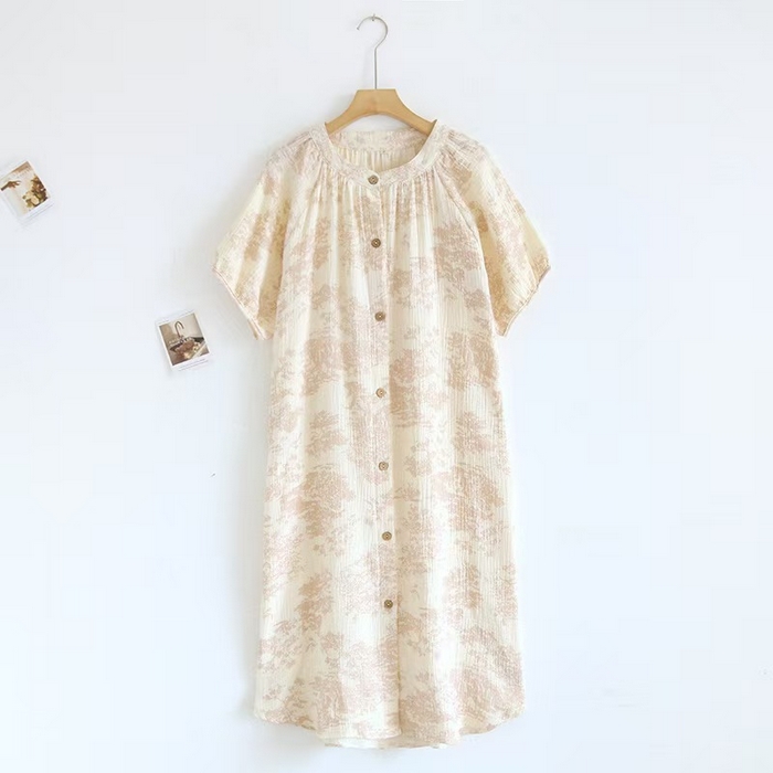 91家纺网 家纺一手货源 找家纺 洛兰沙家居馆【只代发】【只代发】2025新款简约印花睡衣女春夏季宽松休闲家居服短袖睡裙女士棉纱两件套  LS301