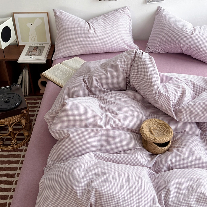 91家纺网 家纺一手货源 找家纺 水洗的故事 2025新款无印良品水洗棉四件套 小小格紫