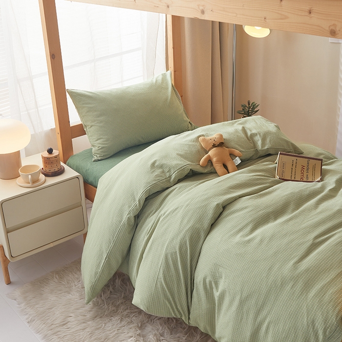 91家纺网 家纺一手货源 找家纺 水洗的故事 2025新款开学季色织水洗棉学生宿舍三件套 西卡绿