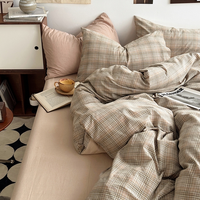 91家纺网 家纺一手货源 找家纺 水洗的故事2025新款A类AB版全棉色织水洗棉四件套 仙米格-棕