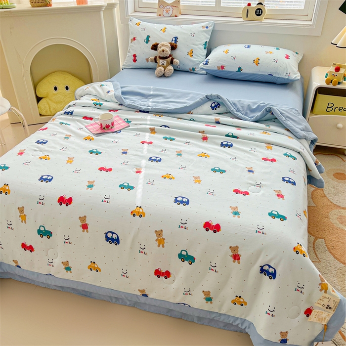 91家纺网 家纺一手货源 找家纺 秋泽家纺 2025春夏新款水洗棉双层纱大豆纤维夏被夏凉被空调被 汽车派对