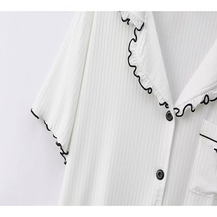 91家纺网 家纺一手货源 找家纺 洛兰沙家居馆【只代发】【只代发】 2025新款外贸欧美风8*5宽坑条莫代尔睡衣女春夏秋开衫翻领短袖长裤家居服 白色