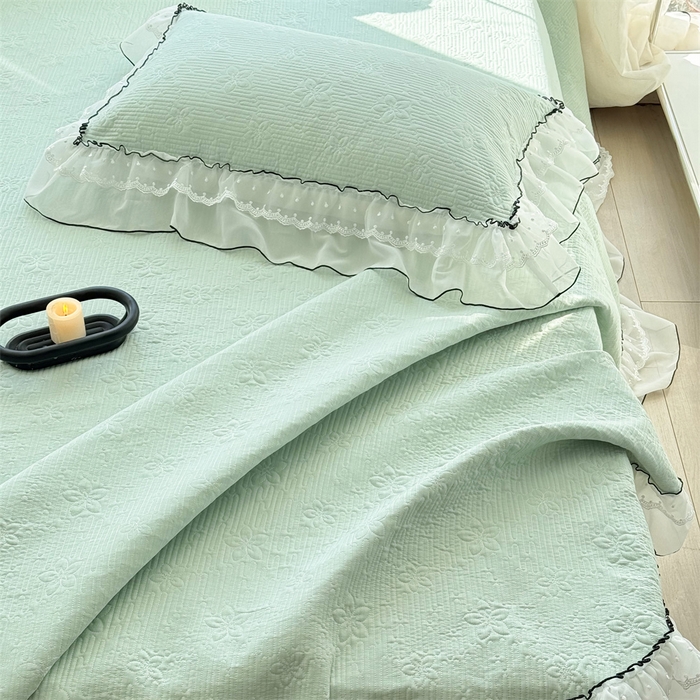 91家纺网 家纺一手货源 找家纺 金喜 2025新款韩版木棉纯色床盖双层蕾丝边夹棉床盖-星梦系列 星梦-水绿