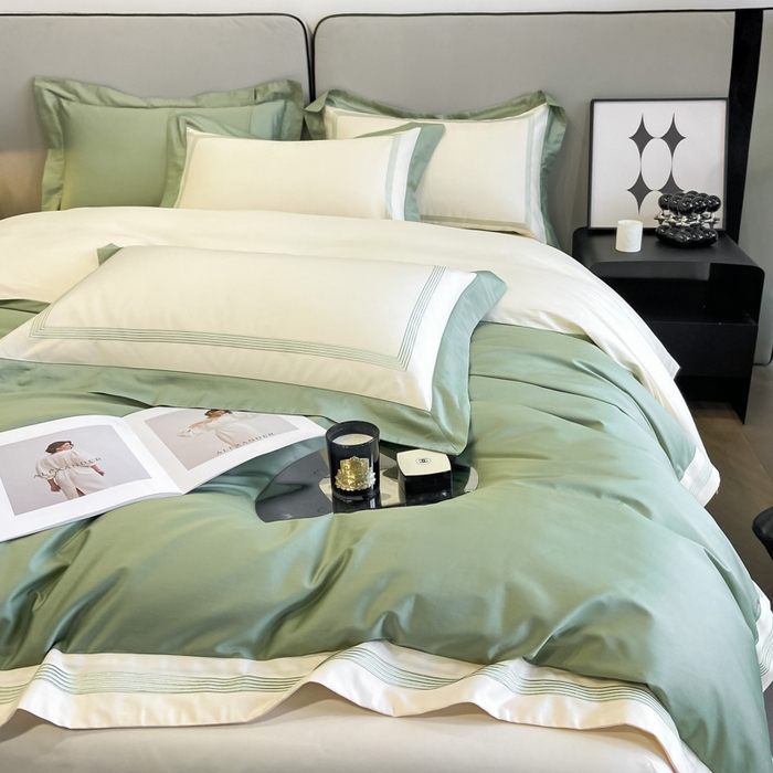 91家纺网 家纺一手货源 找家纺 桃园 2025新款纯棉全棉长绒棉刺绣绣花高端礼盒四件套-莱卡 莱卡牛油果绿