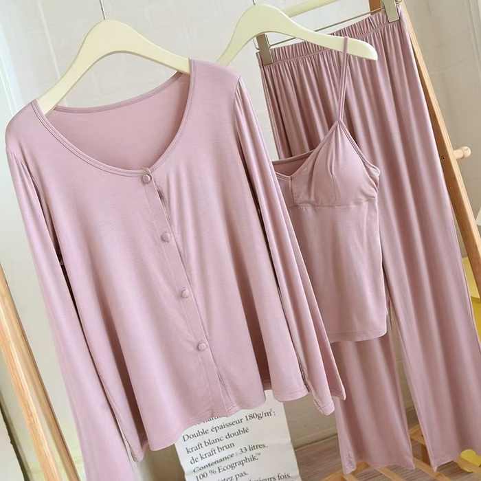 91家纺网 家纺一手货源 找家纺 洛兰沙家居馆【只代发】【只代发】 2025新款外贸欧美风淑女风莫代尔睡衣女春夏秋开衫短袖吊带三件套长裤家居服   三件套粉色 