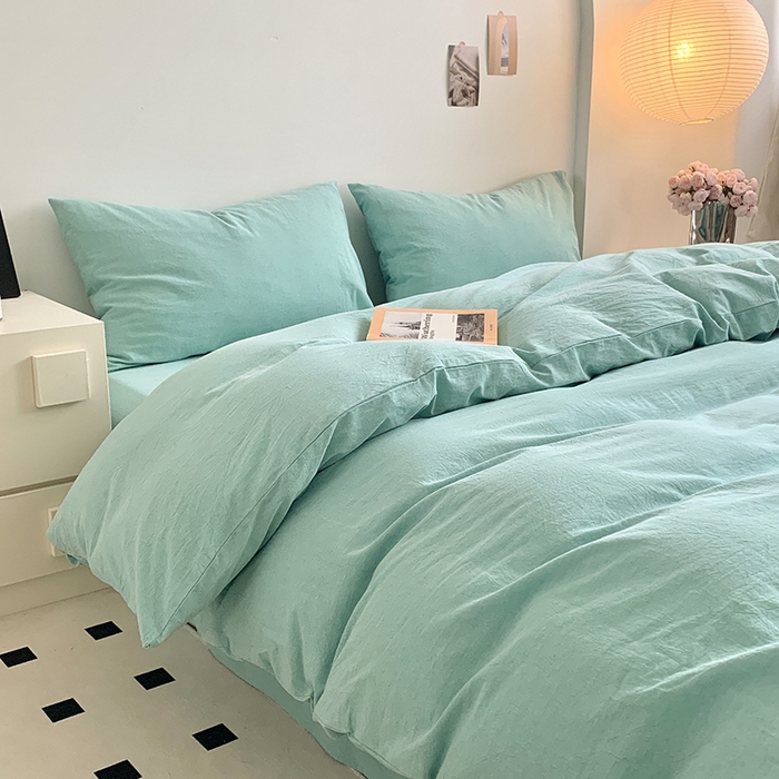 91家纺网 家纺一手货源 找家纺 水洗的故事 2025新款色织水洗棉多巴胺纯色款四件套 湖绿