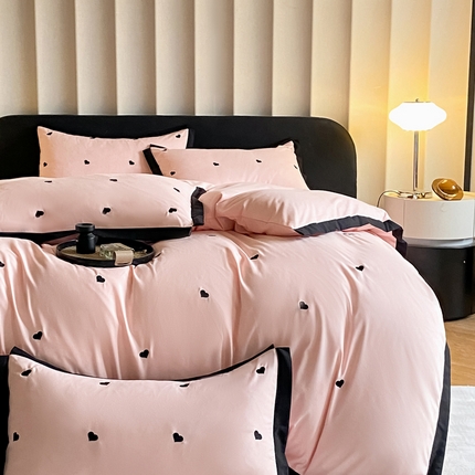 米彩家纺 2025新款水洗磨毛四件套-蝴蝶结爱心系列 爱心粉玉