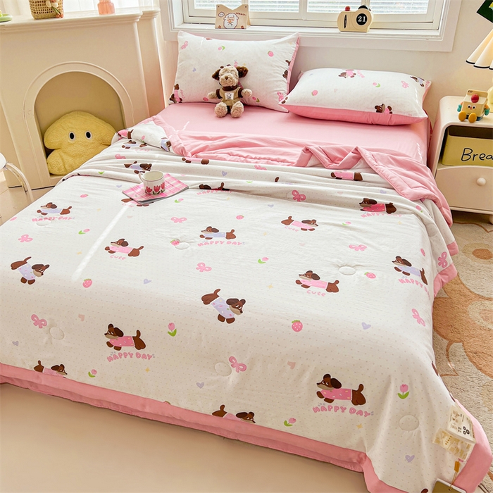 91家纺网 家纺一手货源 找家纺 秋泽家纺 2025春夏新款水洗棉双层纱大豆纤维夏被夏凉被空调被 快乐汪汪