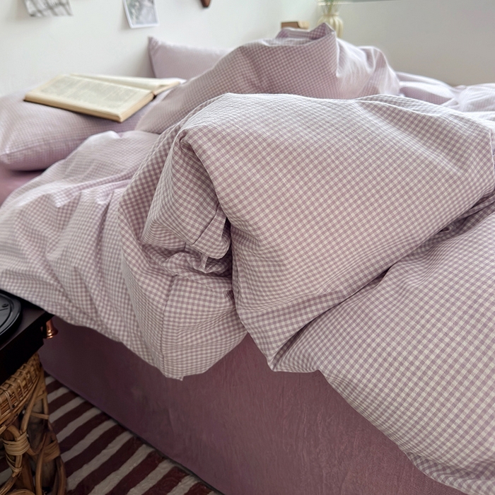 91家纺网 家纺一手货源 找家纺 水洗的故事 2025新款无印良品水洗棉四件套 小小格紫