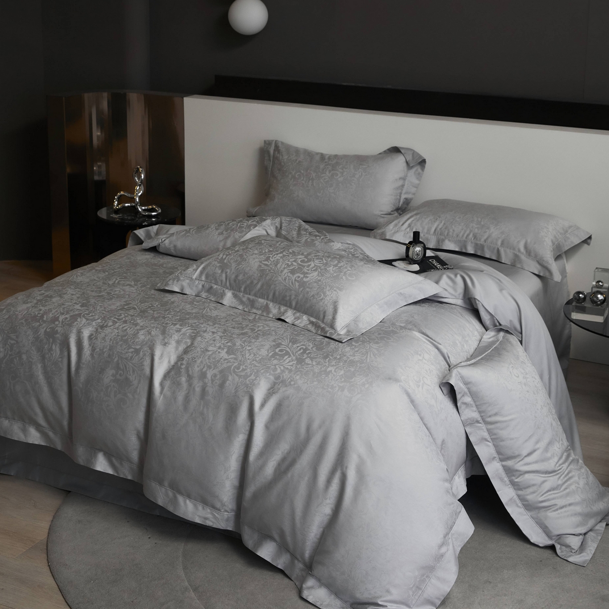 91家纺网 家纺一手货源 找家纺 榻尚家居 2025春夏新款长绒棉全棉纯棉贡缎提花手工立体埋绳工艺四件套 维卡（高级灰）