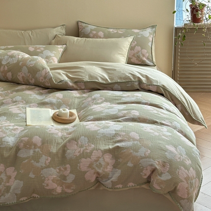 91家纺网 家纺一手货源 找家纺 2025【A类纯棉三层纱四件套】日式无印纯棉四件套良品贝壳绣全棉A类三层纱提花款床品被套床单