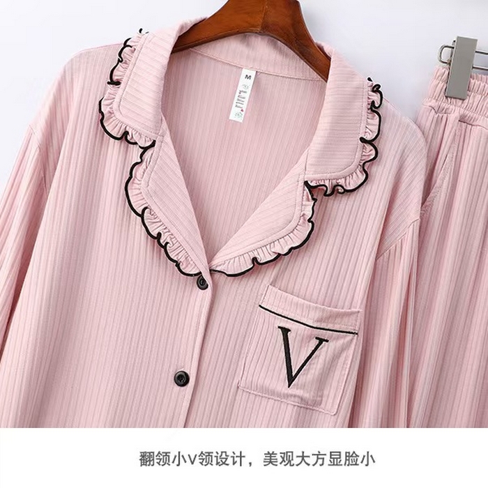 91家纺网 家纺一手货源 找家纺 （总）洛兰沙家居馆【只代发】【只代发】2025新款外贸欧美风8*5宽坑条莫代尔睡衣女春夏秋开衫翻领长袖长裤家居服