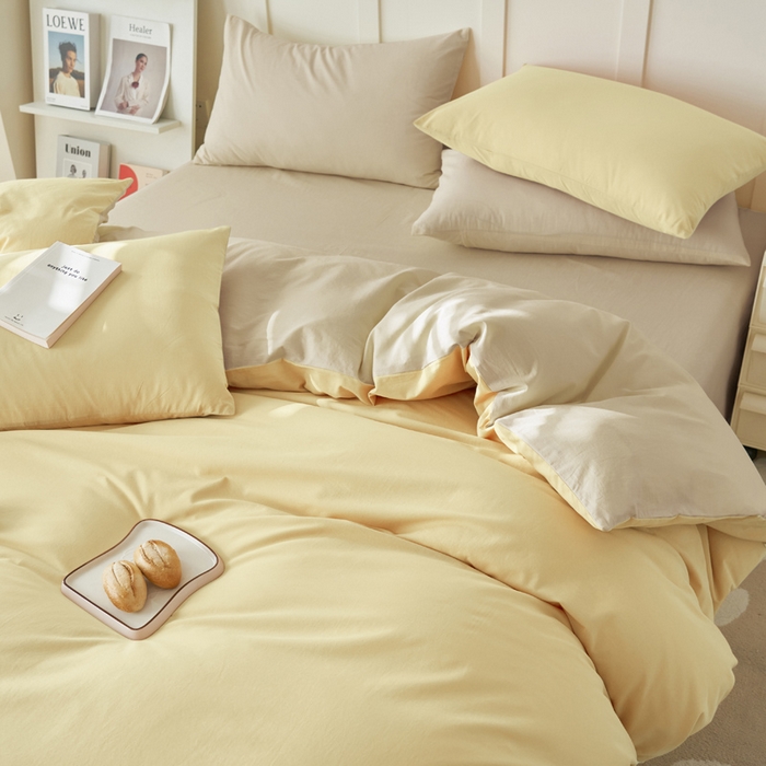 91家纺网 家纺一手货源 找家纺 寐绸家纺 2025新款纯棉水洗棉双拼单被套（自然光） 蘑菇黄+天青韵白