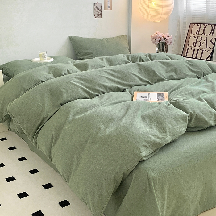 91家纺网 家纺一手货源 找家纺 水洗的故事 2025新款色织水洗棉多巴胺纯色款四件套 绿素色