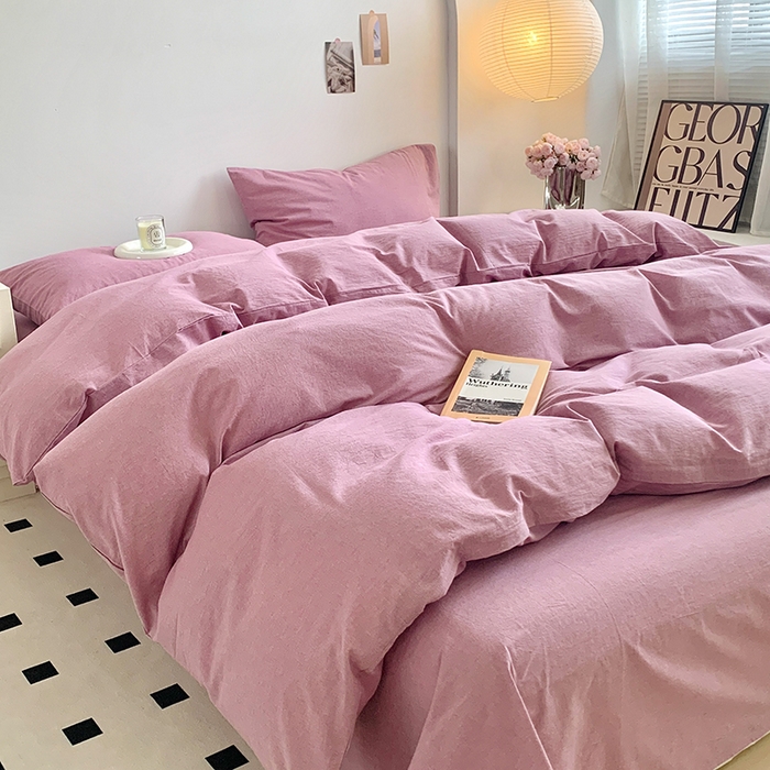 91家纺网 家纺一手货源 找家纺 水洗的故事 2025新款色织水洗棉多巴胺纯色款四件套 丁香紫