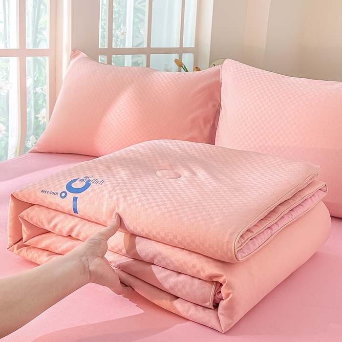 91家纺网 家纺一手货源 找家纺 芙绣 芙绣 2025新款七彩华夫格提花夏被四件套夏凉被空调被 浅玉+粉