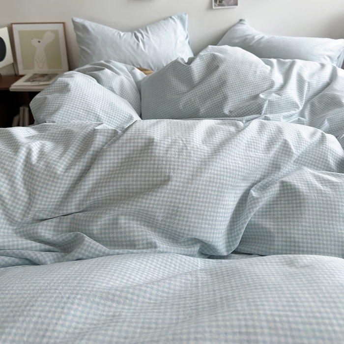 91家纺网 家纺一手货源 找家纺 水洗的故事 2025新款无印良品水洗棉四件套 小小格蓝