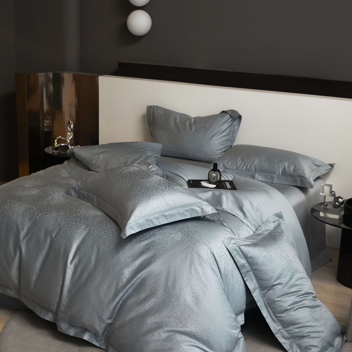 91家纺网 家纺一手货源 找家纺 榻尚家居 2025春夏新款长绒棉全棉纯棉贡缎提花手工立体埋绳工艺四件套 星耀（天空蓝）