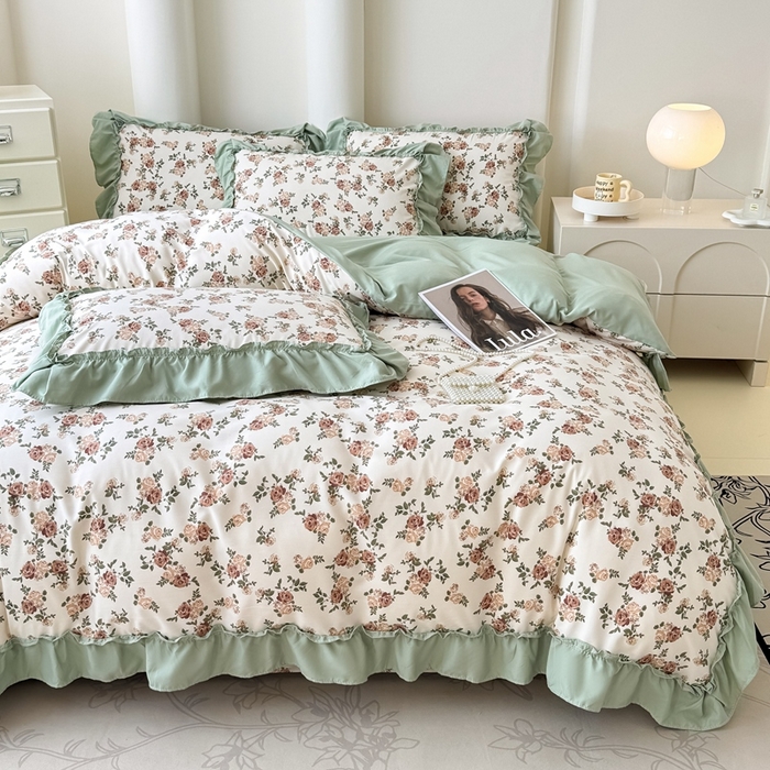 91家纺网 家纺一手货源 找家纺 金米诺 2025新款韩版有氧针织棉双层纱四件套 花田物语