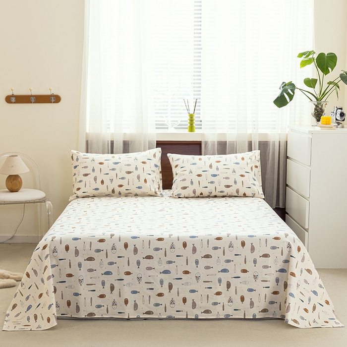 91家纺网 家纺一手货源 找家纺 绫韵 2025春夏新款ins清新卡通碎花全棉13372精梳纯棉单床单系列 鱼多多