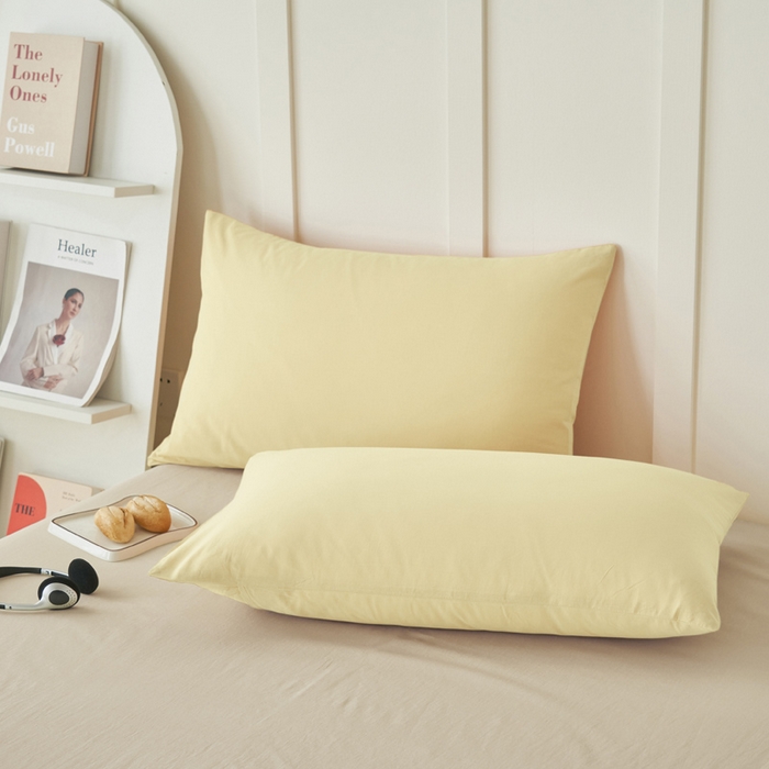 91家纺网 家纺一手货源 找家纺 寐绸家纺 2025新款纯棉水洗棉双拼单被套（自然光） 蘑菇黄+天青韵白