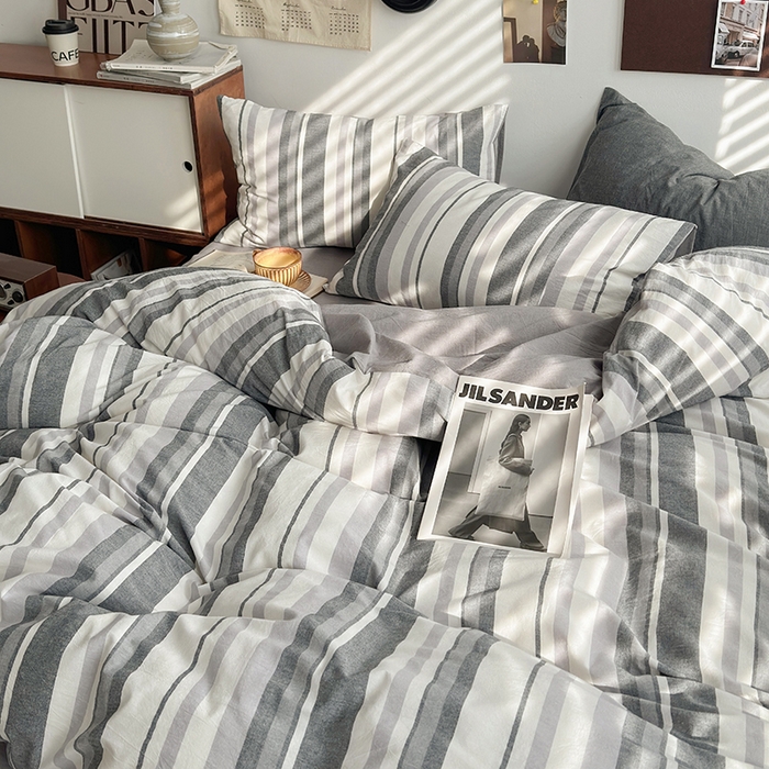 91家纺网 家纺一手货源 找家纺 水洗的故事2025新款A类AB版全棉色织水洗棉四件套 棕条烟灰