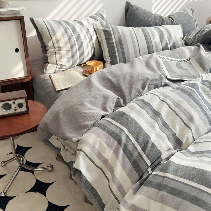 91家纺网 家纺一手货源 找家纺 水洗的故事2025新款A类AB版全棉色织水洗棉四件套 棕条烟灰