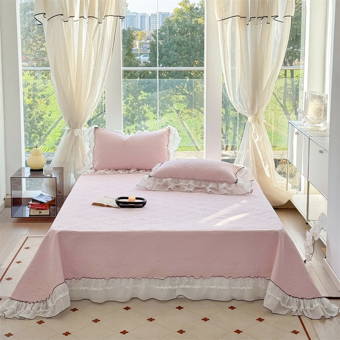 91家纺网 家纺一手货源 找家纺 金喜 2025新款韩版木棉纯色床盖双层蕾丝边夹棉床盖-星梦系列 星梦-桃夭