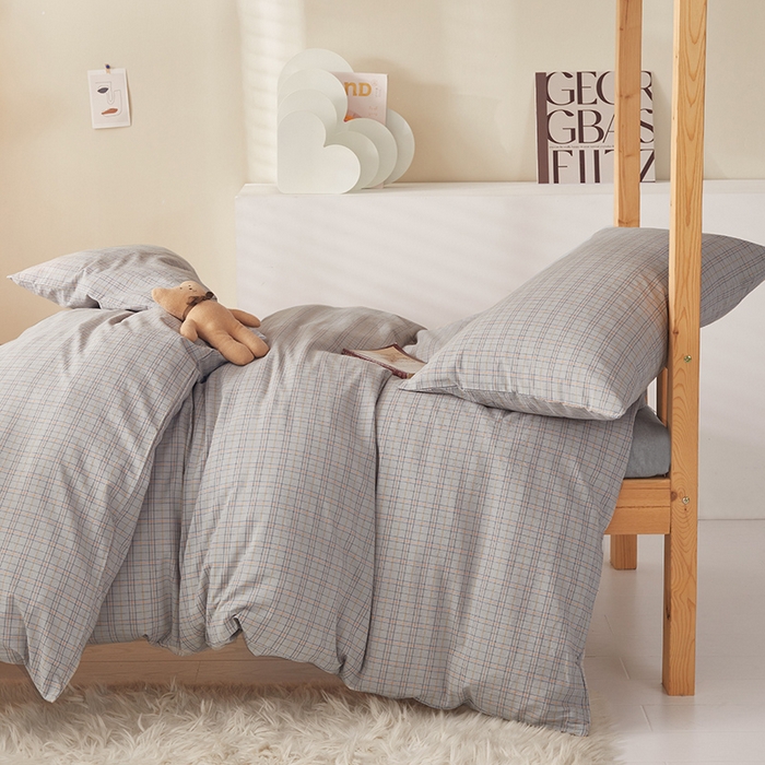 91家纺网 家纺一手货源 找家纺 水洗的故事 2025新款开学季色织水洗棉学生宿舍三件套 赫本灰