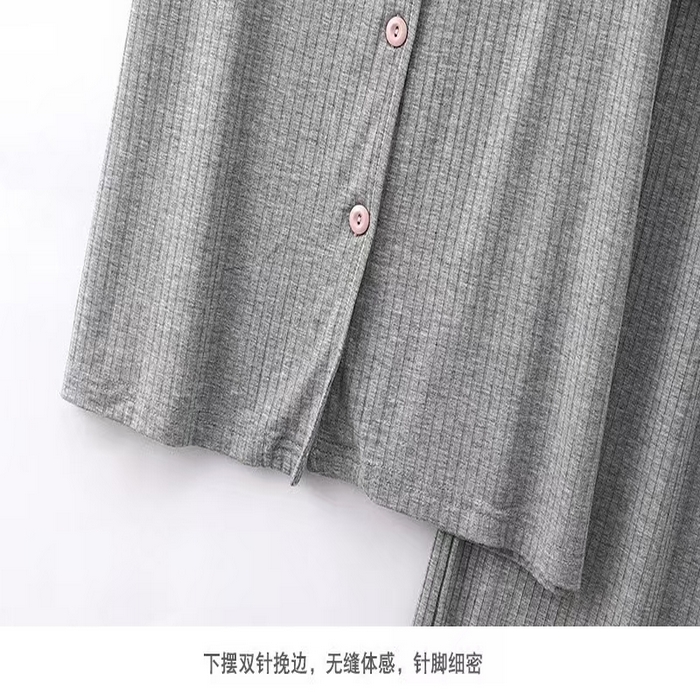 91家纺网 家纺一手货源 找家纺 洛兰沙家居馆【只代发】【只代发】 2025新款外贸欧美风8*5宽坑条莫代尔睡衣女春夏秋开衫翻领短袖长裤家居服 浅灰