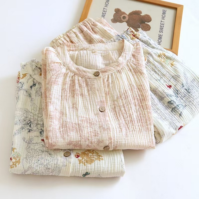 91家纺网 家纺一手货源 找家纺 洛兰沙家居馆【只代发】【只代发】2025新款简约印花睡衣女春夏季宽松休闲家居服短袖睡裙女士棉纱两件套  LS303