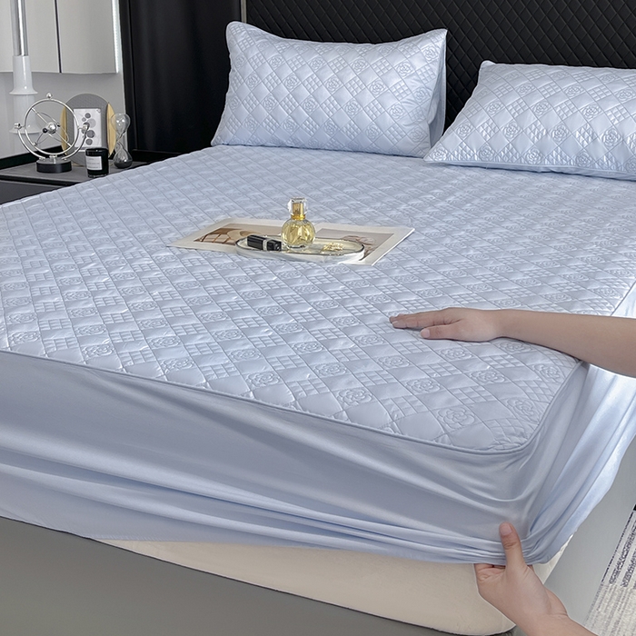 91家纺网 家纺一手货源 找家纺 2025A类母婴级长绒棉夹棉床笠三件套纯棉全棉加厚席梦思床罩床套四季款保护罩 慕蓝