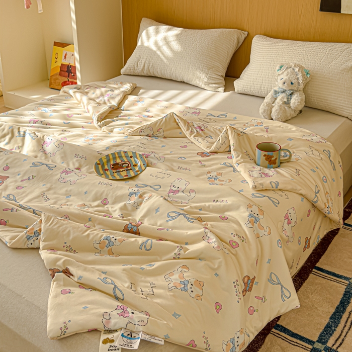 91家纺网 家纺一手货源 找家纺 品乐家纺 2025新款A类针织棉大豆被夏被夏凉被空调被学生被子 萌宠-米色