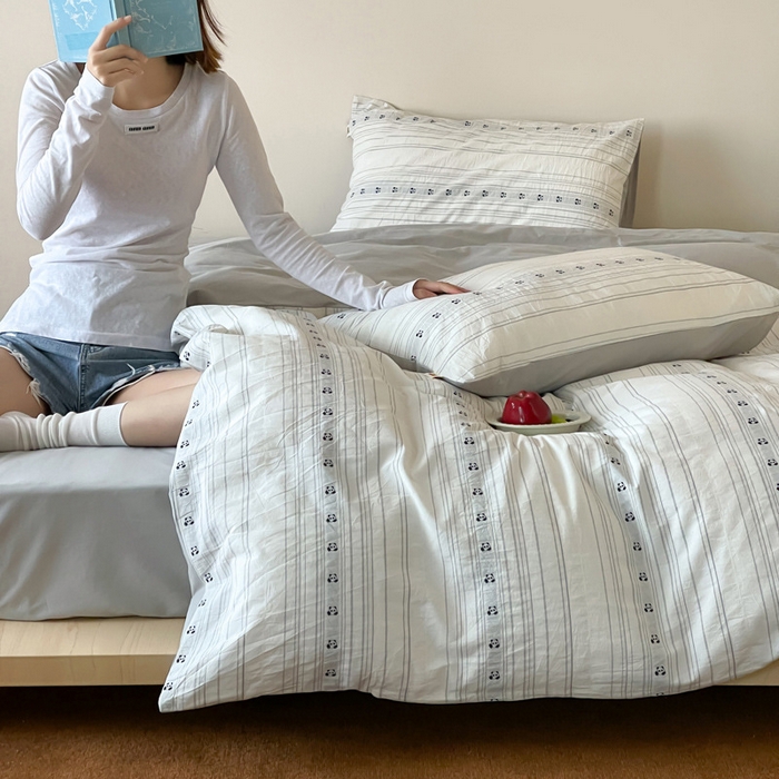 91家纺网 家纺一手货源 找家纺 2025【A类全棉刺绣提花四件套】日式无印刺绣A类提花四件套良品条纹床品套件全棉小清新双拼件套