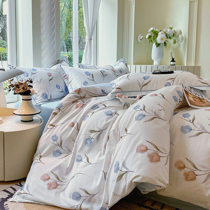 91家纺网 家纺一手货源 找家纺 梧桐树 2025新款100%全棉13372加厚印花四件套 A25浅浅花漾