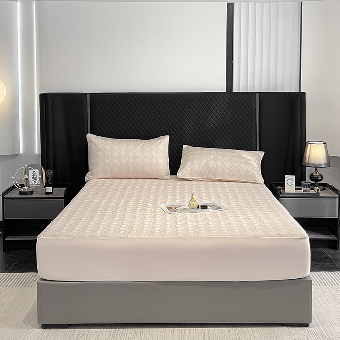 91家纺网 家纺一手货源 找家纺 2025A类母婴级长绒棉夹棉床笠三件套纯棉全棉加厚席梦思床罩床套四季款保护罩 颜粉